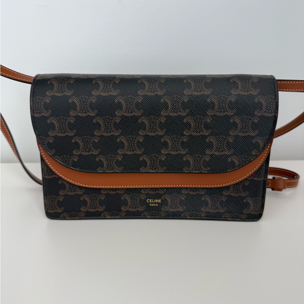 CELINE WALLET ON STRAP IN TRIOMPHE CANVAS AND SMOOTH LAMBSKIN